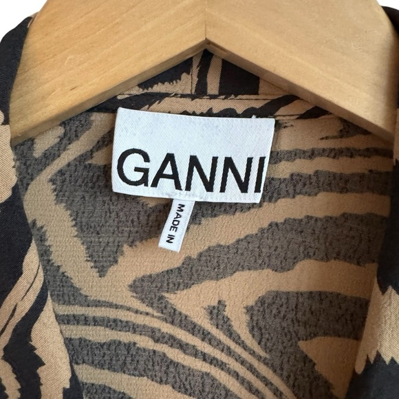 GANNI | Tiger-Print Wrap Blouse | Long Sleeve Tie Waist Tan Black  Top | 36 US 4 - Picture 3 of 8